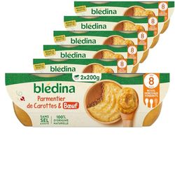 BLÉDINA - Bols - Repas Mici Bébé - Parmentier de Carottes et Bœuf - dès 8 Mois - sans Sel Ajouté - 12 x 200 g
