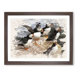 Atlantic Puffin Birds Modern FC Framed Wall Art Print, Ready to Hang Picture for Living Room Bedroom Home Office Décor, Walnut A4 (34 x 25 cm)
