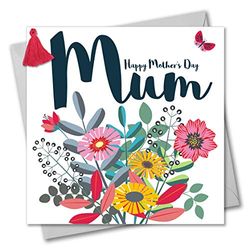 Claire Giles Greeting Cards, Happy Mother's Day Mum Card, Bouquet Design for Mothering Sunday, Embellished with a Colourful Tassel