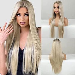 EMMOR Long Blonde Lace Front Wig for Women, 30Inch Natural Hair Straight Synthetic Wigs Middle Part,Hand Tied/Longlife/Lightweight