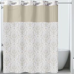 Hookless It's A Snap! French Damask Shower Curtain, 3-in-1 Shower Curtain Includes Fabric Shower Curtain with Sheer Top Window, Flex-On Rings & Fabric Liner, 71" x 74", Khaki