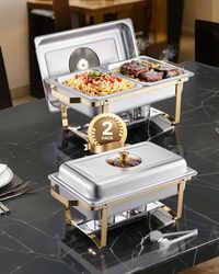 VEVOR Juego de Calentador de Alimentos Acero Inoxidable con 4 Recipientes Tamaño Medio(4 L Cada Uno), Rectangular, con Tapa Vidrio y Soporte a Bandeja de Agua y Depósito de Combustible, Dorado