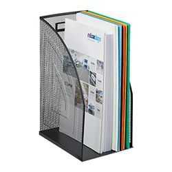 Relaxdays Mesh Magazine File Holder, A4 Metal Document Storage, Office Desk Organiser, Wide, HxWxD: 32x16x24.5 cm, Black, steel, 1 Item