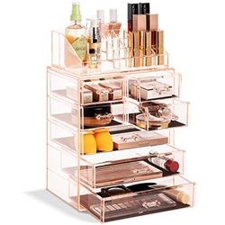 Sorbus Organizzatore trasparente per cosmetici, trucchi e gioielli, design spazioso, per comò, bagno, toeletta e piano di lavoro, 3 cassetti grandi e 4 piccoli, rosa
