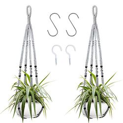 Augshy 2-pack hängande blomkruka i makramé, hängande planteringskorg för inomhusbruk med träpärlor, dekorativ makramé grythängare för heminredning (grå)