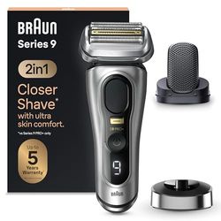 Braun Series 9 PRO + Regolabarba Uomo, Rasoio Elettrico Barba Braun Serie 9, Rifinitore di precisione, Custodia da Viaggio in tessuto, Batteria Litio Ion, 100% Impermeabile Idea Regalo, 9557s Argento