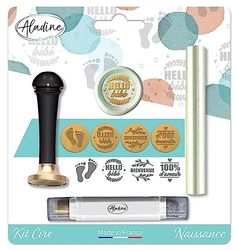 Aladine - Birth Wax Kit - Scrapbooking and Creative Card Making - Wax + Handle + Stick + Finishing Ink + 4 Brass Themed Seals