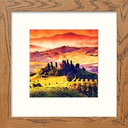 Lumartos, Tuscan Landscape At Dusk Contemporary Home Decor Wall Art Watercolour Print, Dark Wood Frame, 12 x 12 Inches