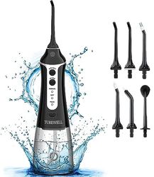 TUREWELL FC1591 Hydropulseur Jet Dentaire,Portable Irrigateur Oral avec 3 Modes et 6 Buses,USB Rechargeable et IPX7 Etanche,300ML Nettoyeur de Dents pour la Maison et les Voyages