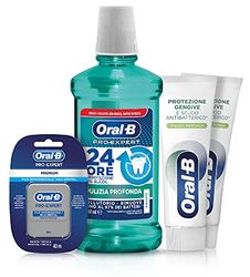 Oral-B Kit Igiene Dentale Completa,2 X Dentifricio, 1 Colluttorio, 1 Filo Interdentale (40 metri), con Azione Antibatterica, per una Pulizia Profonda, Delicata e Confortevole, Maxi Formato da 4 pezzi