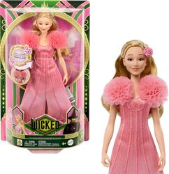 Mattel Wicked Zingende Modepop Glinda en Accessoires, Beweegbaar met op de film geïnspireerde Look en Verwijderbare Outfit, Zingt 'Popular', JLG49