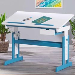 Inter Link - Bureau réglable en hauteur - Bureau pour enfants, élèves - Pupitre inclinable - Support pour livres - Bois massif laqué blanc - Applications en bleu canard - Bleu canard / Blanc