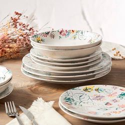 GENEVIEVE LETHU 545866 Service de Table en grès 18 pièces pour 6 personnes - Assiettes plates, assiettes creuses, assiettes à dessert de la Collection A Travers Champs - Décor Floral Multicolore