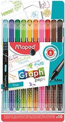 Maped - 10 Feutres Graph'Peps Deco - Feutres Pointe Fine 0,4 mm - Pointe Résistante - Confort d'Écriture et Dessin - 10 Feutres Couleurs Éclatantes