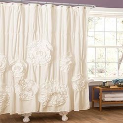 Lush Decor Serena Shower Curtain Cortina de duche com babados, floral, vintage, elegante, estilo rústico, poliéster, creme, 72" x 72"