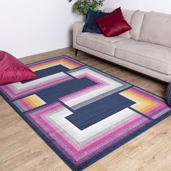 Asiatic Edits Low Pile Geometric Navy Multi Indoor Rug for Living room, Bedroom, Conservatory, Hallway, Large Area, Easy to Clean, Area Rugs - Non Shedding 200x290cm