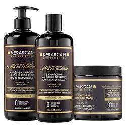 Kerargan - Trio Anti-Chute Shampoing, Après-shampoing & Masque à l’Huile de Ricin pour Cheveux Secs, Cassants ou Dévitalisés - Accélère la Croissance Capillaire - Sans Sulfate, Silicone - 3x500 ml