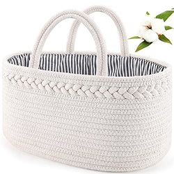 ABenkle Baby Diaper Caddy Organizer Handmade Cotton Rope Nursery Storage Bin for Boys/Girls, Portable Diaper Storage Basket for Changing Table/Car - Ideal for Baby Shower, Christmas (White)…