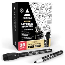 ARTEZA Magnetic Dry Erase Markers with Eraser, Pack of 36 (with Fine Tip), Black Color with Low-Odor Ink, Whiteboard Pens is Stationary Supplies School, Office, or Home