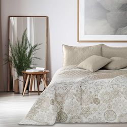 DecoKing Colcha de cama alhambra, 200 x 220 cm. em bege, branco e capuz, com padrão abstrato nos dois lados e fácil de limpar