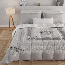 PETTI Artigiani Italiani - Winterdekbed voor Frans bed, dubbelzijdig dekbed, effen en digitale print, grijze strik, gemaakt in Italië