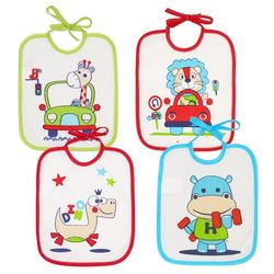 Ti TIN Pack 4 baberos bebé impermeables con rizo de algodón plastificado, forro de vinilo y cierre con cintas. Suaves, absorbentes y fáciles de lavar. Diseños divertidos, aptos 0-6 meses
