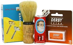 Set by The Shave Factory SF317 Double Edge Safety Razor, The Shave Factory Shaving Brush, Arko Shaving Soap Stick and Double Edge Razor Blades - Gift Set for Men