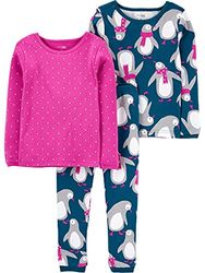 Simple Joys by Carter's 3-Piece Snug-Fit Cotton Christmas Pajama Set Pigiama, Blu Marino Pinguini/Rosa Pois, 2 Anni (Pacco da 3) Unisex-Bimbi