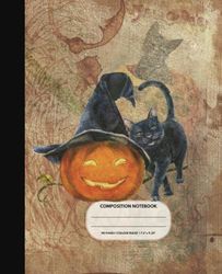 Vintage Halloween Composition Notebook: College Ruled | Aesthetic Black Cat and Pumpkin Journal for Kids, Teens and Adults