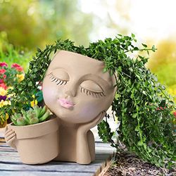 WEWEOW Ansiktsplanterare kruka – dubbla blomkrukor i ett för inomhus utomhusväxter harts huvudplanterare med dräneringshål söt kvinna ansikte krukor