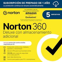 Norton 360 Deluxe Exclusivo Amazon*|Antivirus 5 Dispositivos|1 año con renovación automática| Descarga digital