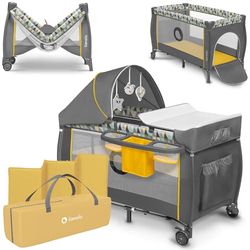 LIONELO Sven Plus 2in1 Kinder Reisbed met commode voor kinderen van 0 tot 15kg, Babybox 125x65x75cm, Schommelfunctie, Klamboe, Veiligheidsslot LockGuard, Praktische organizer, Hoogteverstelling