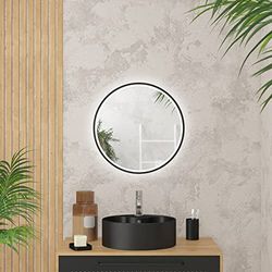 AURLANE Ronde badkamerspiegel met LED-verlichting en contour zwart - Ø50cm - GO Black LED