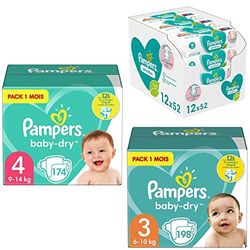 Pampers Lot de 198 Couche Baby-Dry Taille 3 et 174 Couches Taille 4 avec 624 Lingettes Pour Bébé Sensitive, Notre Sélection Pampers pour 12H Bien Au Sec et un Nettoyage Tout en Douceur