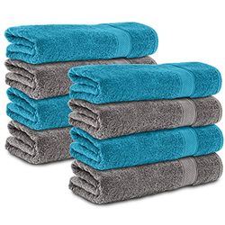 Komfortec Lot de 8 Serviette de Bain 100% Coton, éponge, Doux, Anthracite/Turquoise, 50x100 cm