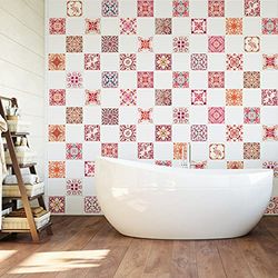 WALPLUS 10 cm, 24 unidades de azulejos de pared de mosaico rojo rosa marroquí para despegar y pegar, calcomanía autoadhesiva para decoración del hogar, sala de estar, bricolaje, decoración de