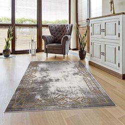 carpet city Tapijtloper woonkamer - ornamenten, rand 80x300 cm grijs goud - moderne tapijten laagpolig