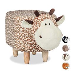 Relaxdays Tabouret Enfant Motifs Animaux Bois, Polyester, Peluche, Girafe, 35 x 32 x 40 cm