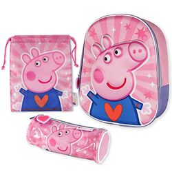 BONNYCO Peppa Pig Mochila Infantil 3D, Estuche Escolar y Bolsa Merienda de Cuerdas Pack Mochilas Escolares para Niñas y Niños a Partir de 3 Años | Material Escolar Vuelta al Cole