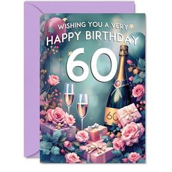 60th Birthday Card - Pink Presents Champagne Bottle - Gorgeous Pretty Beautiful Birthday Cards for 60 Year Old Woman Women, A5 Greeting Cards Gift