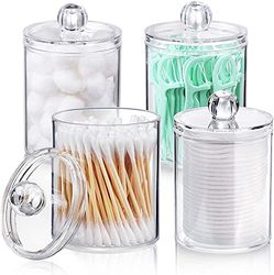AOZITA Lot de 4 distributeurs de cotons-tiges pour boules de coton, cotons-tiges, tampons ronds, fil dentaire – Pot d'apothicaire en plastique transparent de 283,5 g pour salle de bain, organisateur