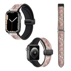 Correa reloj para Apple IWatch 22 mm (38/40/41/42/44/45 mm) de Silicona y Cuero auténtico: Encaje rosa