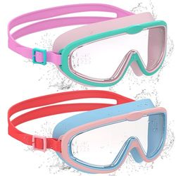 Ambienden 2 Pcs Occhiali Nuoto Bambini, Anti-Fog con Visione Chiara, Protezione UV, Guarnizione in Silicone, Telaio Grande Occhiali da Nuoto Unisex per Bambini da 6 a 14 anni, Blue＆Pink + Blue＆Red