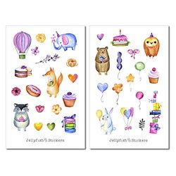 Set di adesivi per il compleanno di animali | Adesivi carini | Adesivi per il diario | Adesivi per animali | Adesivi per il planner | Festa, palloncino adesivo