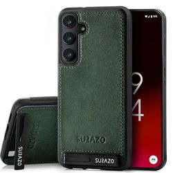 SURAZO Premium Genuine Leather Back Case for Samsung Galaxy S24 Case - Shockproof Leather Mobile Phone Case Cover [Stand Function, Keychain] Vintage Slim Bumper Protective Case (Dark Green)