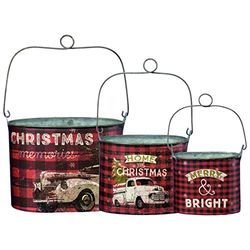 Primitives by Kathy 3-Piece Set, Metal Paper, Red, Cream, Check Pattern, Tin Bucket Set of 3