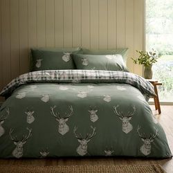 Catherine Lansfield Stag Check Reversible Super King Duvet Cover Set with Pillowcases Soft Green