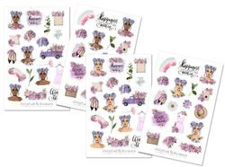 Set di adesivi "Girls Flowers" - Adesivo per diario, adesivo per planner, adesivo per ragazza, adesivo primavera, estate, giardino, moda, viola, natura