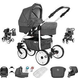 Friedrich Hugo Berlin 3-in-1 combi-kinderwagenset, gelbanden, kleur: donkergrijs en grijs