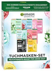 Garnier Set di maschere in panno per ogni tipo di pelle, 7 maschere per il viso per pelli secche a normali, formula vegana con acido ialuronico, Hydra Bomb e Nutri Bomb set maschere 7 x 28 g